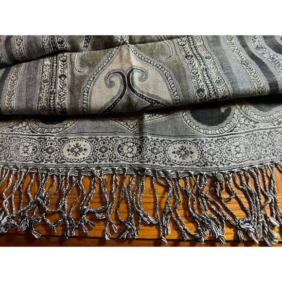 Challis Scarf Paisley Black Grey Tan Large 21" x 76"  C101713 - Picture 2 of 3